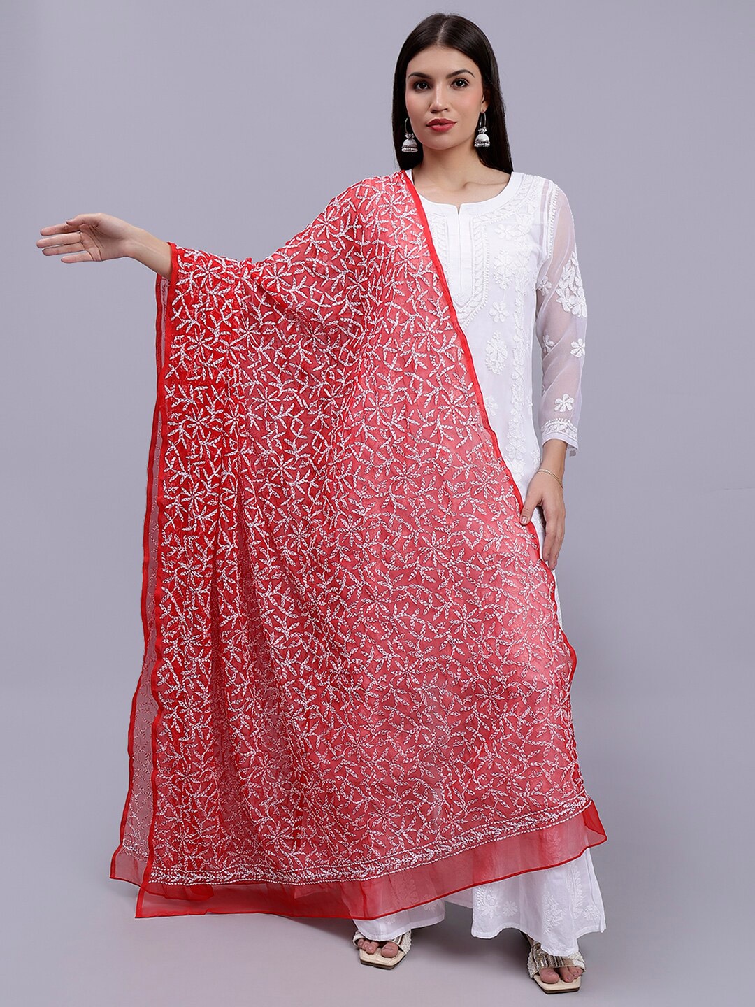 

Seva Chikan Floral Embroidered Georgette Dupatta With Lucknowi Chikankari, Red