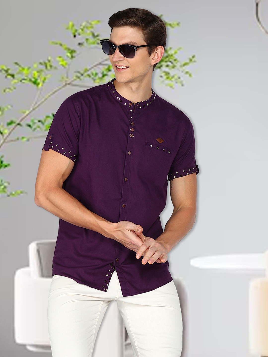 

Kuons Avenue Smart Slim Fit Band Collar Linen Casual Shirt, Purple