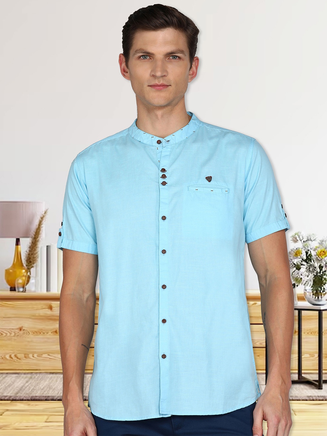 

Kuons Avenue Slim Fit Smart Band Collar Linen Cotton Casual Shirt, Blue