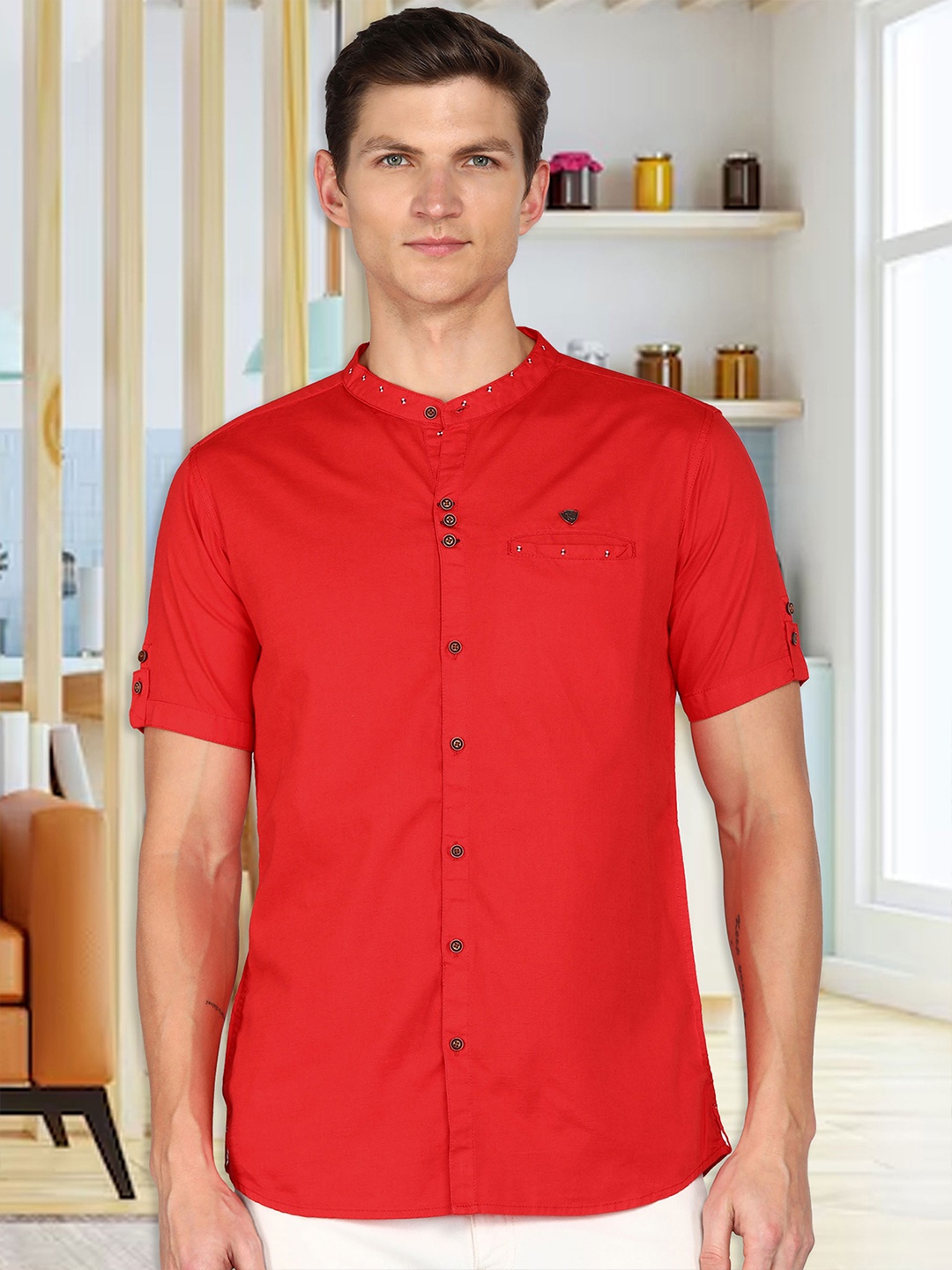 

Kuons Avenue Smart Slim Fit Band Collar Linen Casual Shirt, Red