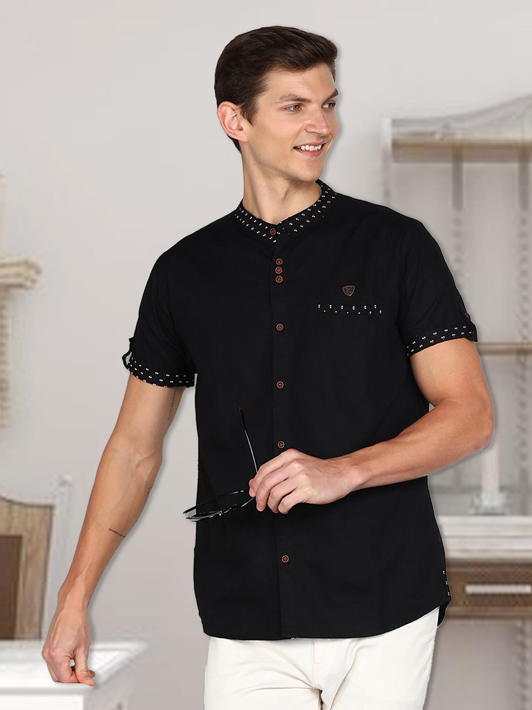 

Kuons Avenue Smart Slim Fit Band Collar Linen Casual Shirt, Black