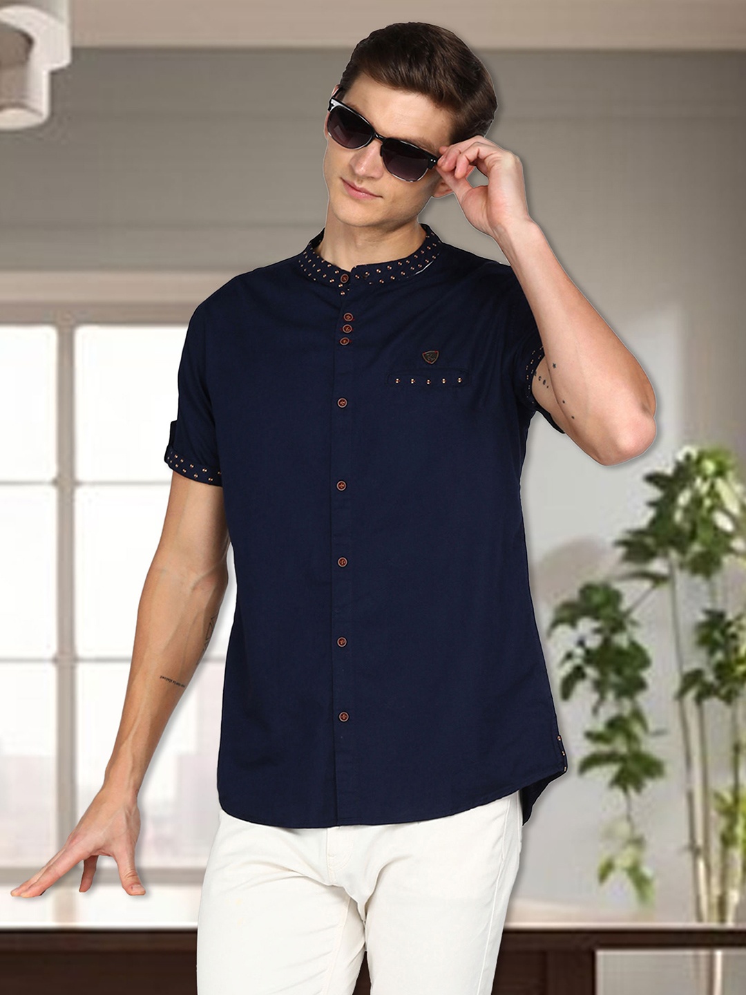 

Kuons Avenue Smart Slim Fit Band Collar Linen Casual Shirt, Navy blue
