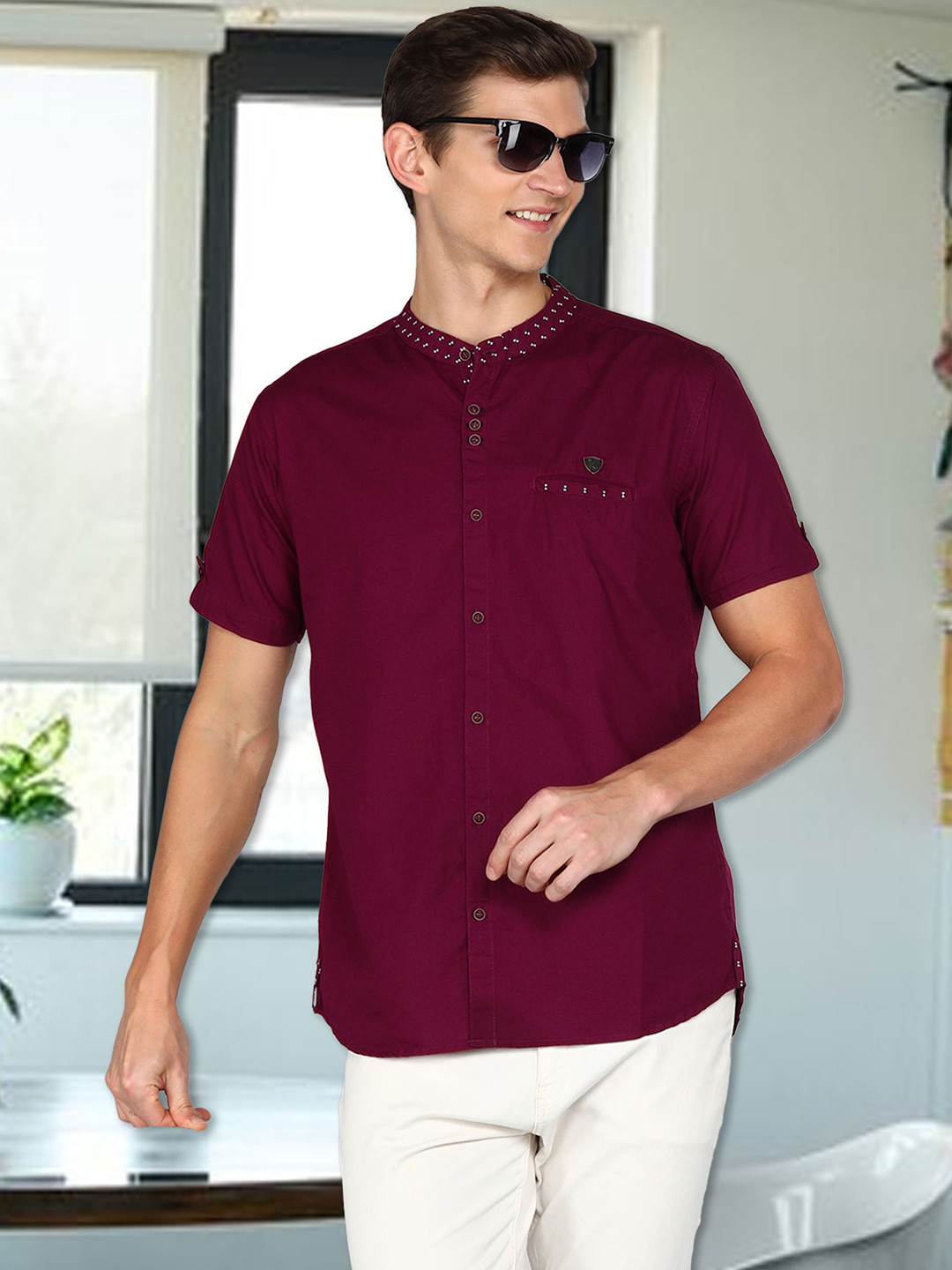 

Kuons Avenue Smart Slim Fit Band Collar Linen Casual Shirt, Maroon