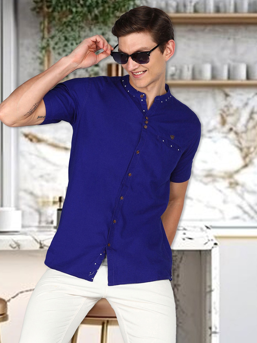 

Kuons Avenue Smart Slim Fit Band Collar Linen Casual Shirt, Blue