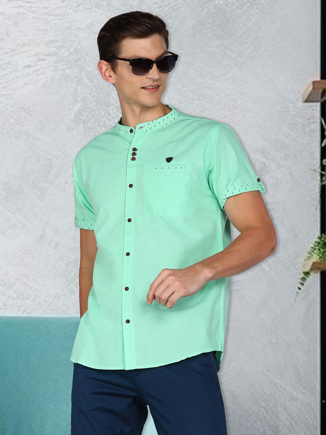 

Kuons Avenue Slim Fit Smart Band Collar Linen Cotton Casual Shirt, Green