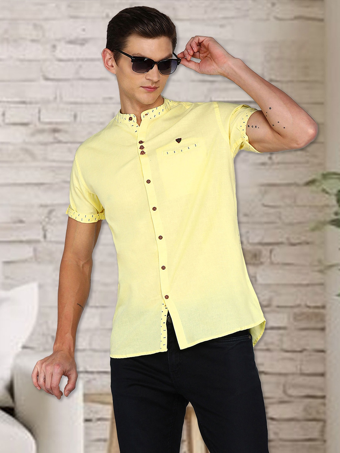 

Kuons Avenue Slim Fit Smart Band Collar Linen Cotton Casual Shirt, Yellow