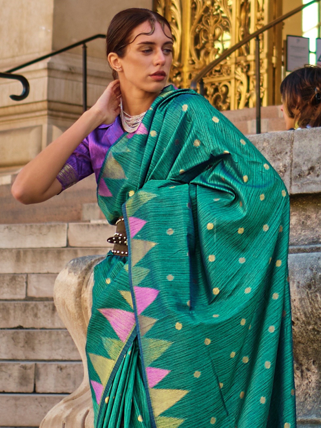 

Mitera Teal Blue Geometric Woven Design Zari Detailed Saree