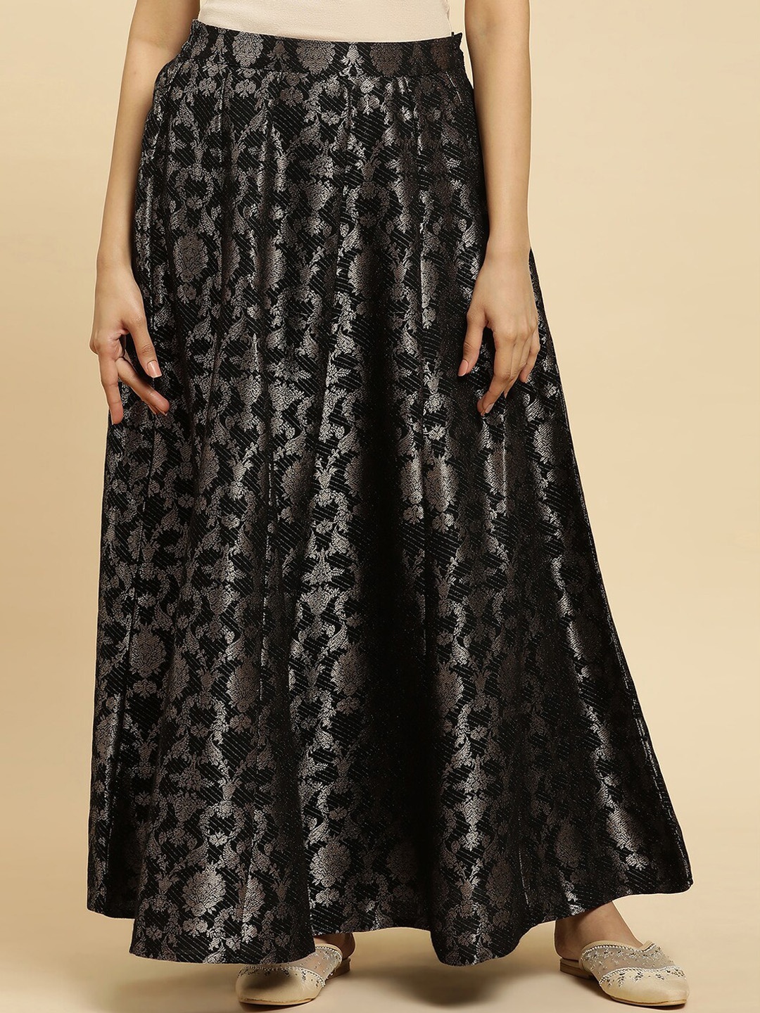 

W Woven Design Zari Jaquard Flared Maxi Skirt, Black