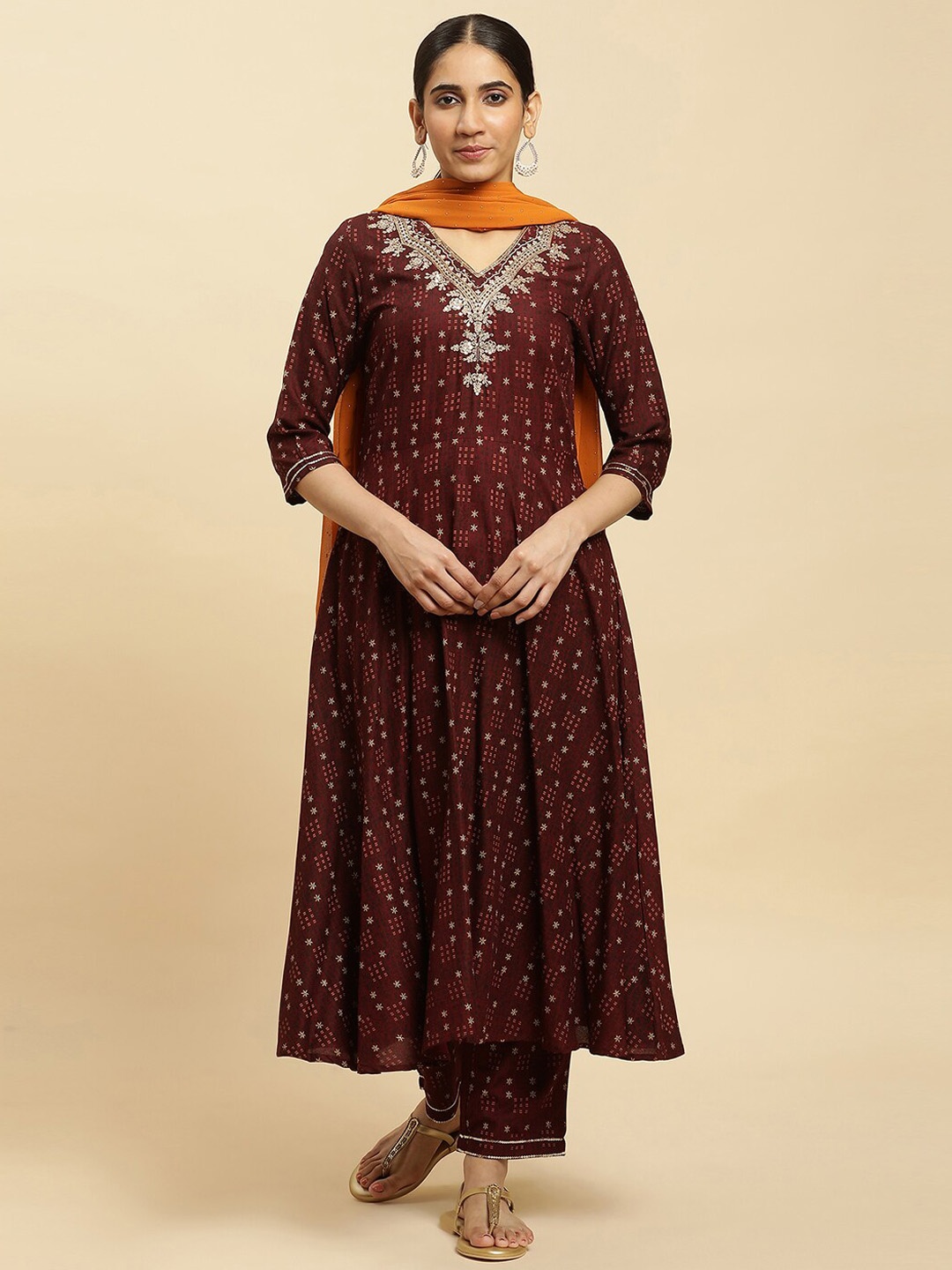 

W Brown Ethnic Motifs Printed Thread Work Detailed A-Line Kurta & Trousers With Dupatta