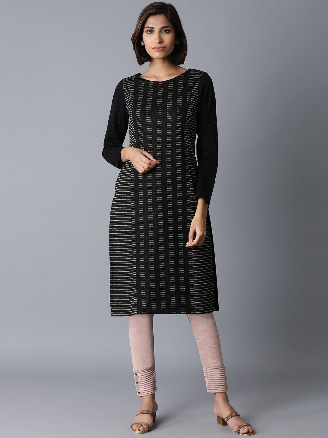 

W Striped Round Neck Straight Kurta, Black