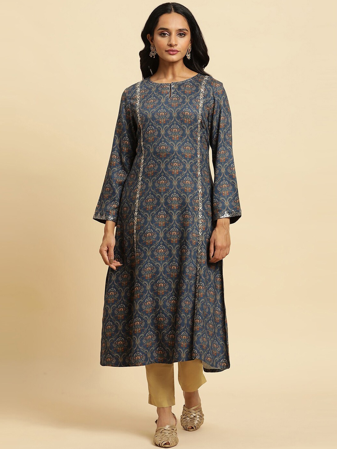 

W Floral Printed A Line Kurta, Blue