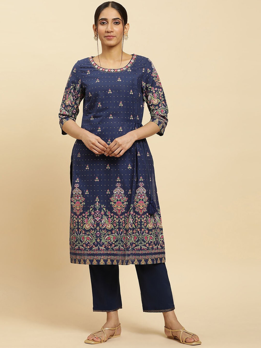 

W Ethnic Motifs Printed Round Neck Pure Cotton Straight Kurta, Navy blue