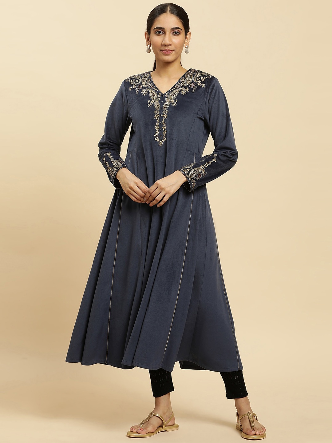 

W Navy Blue Paisley Yoke Design Sequinned Anarkali Kurta