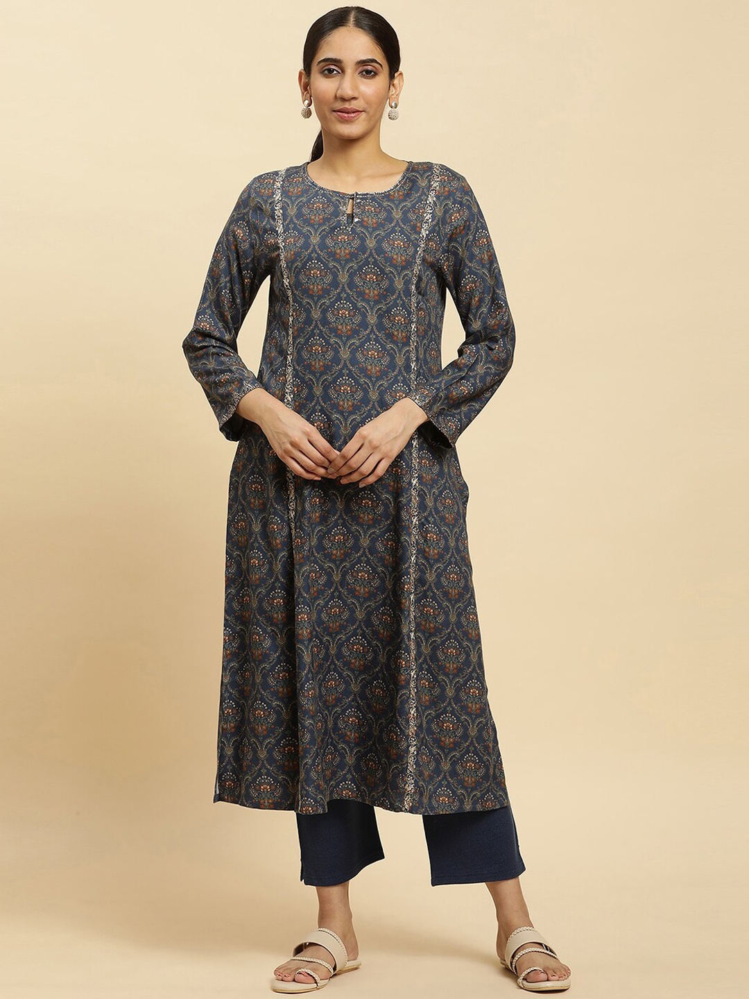 

W Blue Ethnic Motifs Printed Thread Work Detailed Straight Kurta With Trousers