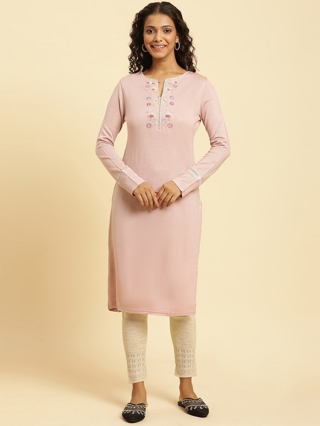 

W Pink Floral Embroidered Regular Kurta with Trousers
