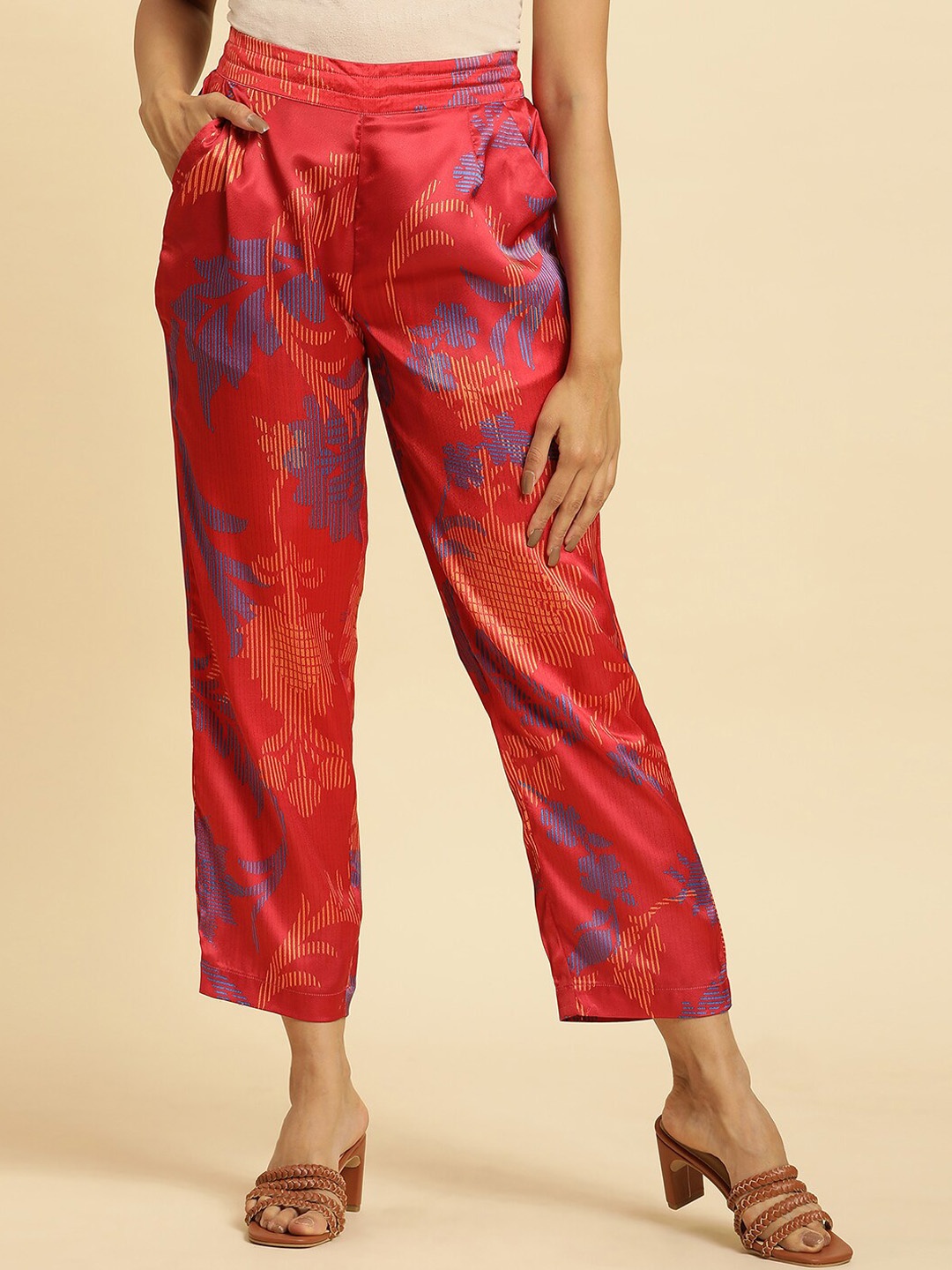 

W Women Red Ethnic Motifs Printed Straight Fit Pleated Trousers