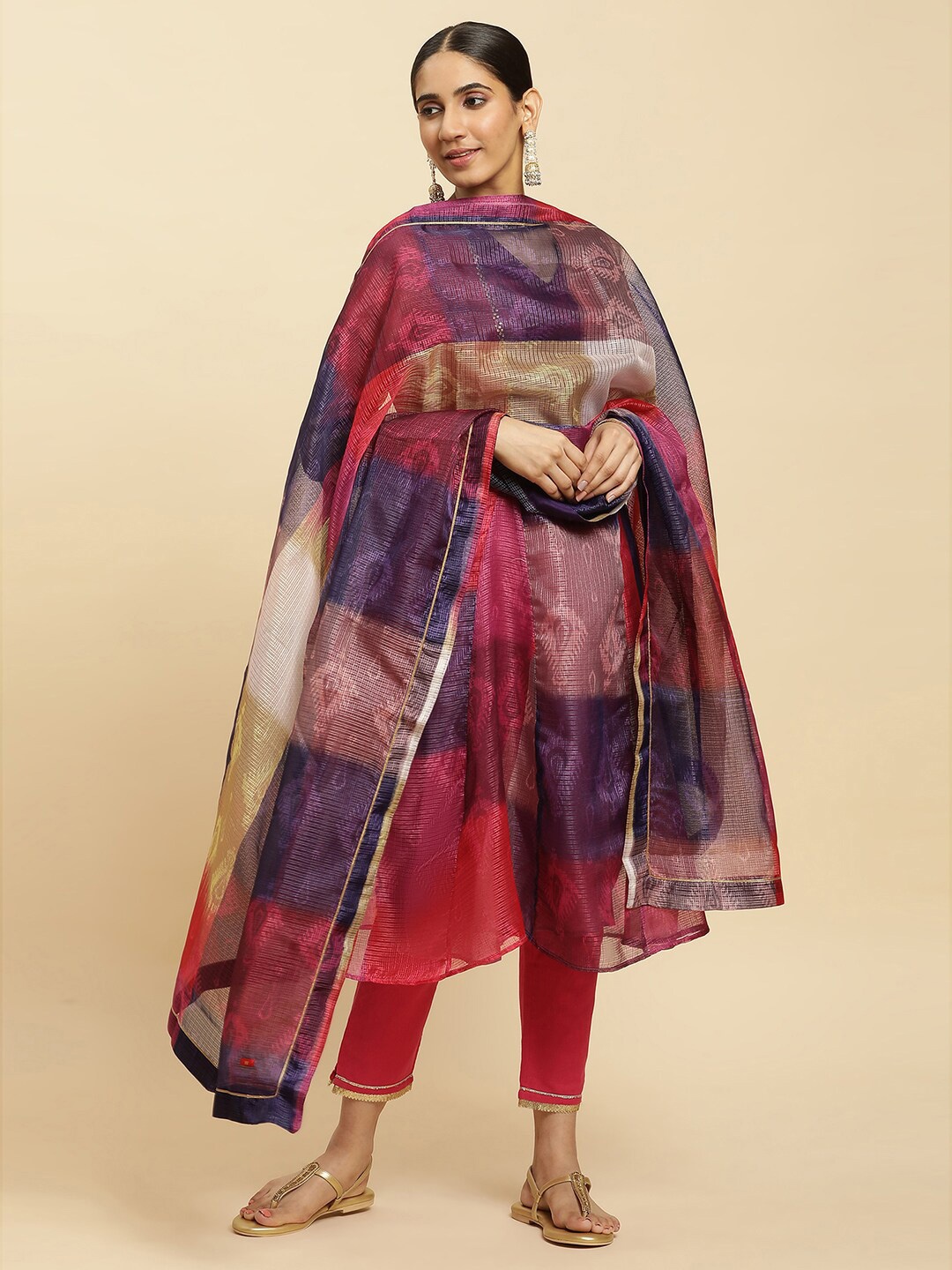 

W Fuchsia & Navy Blue Geometric Printed Dupatta