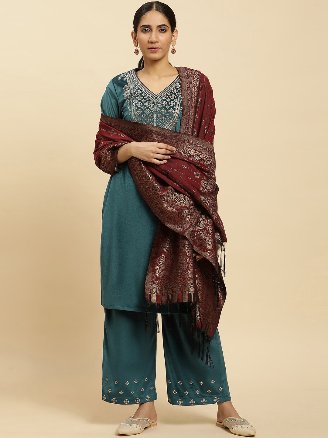 

W Regular Sequinned Kurta with Trousers & With Dupatta, Blue