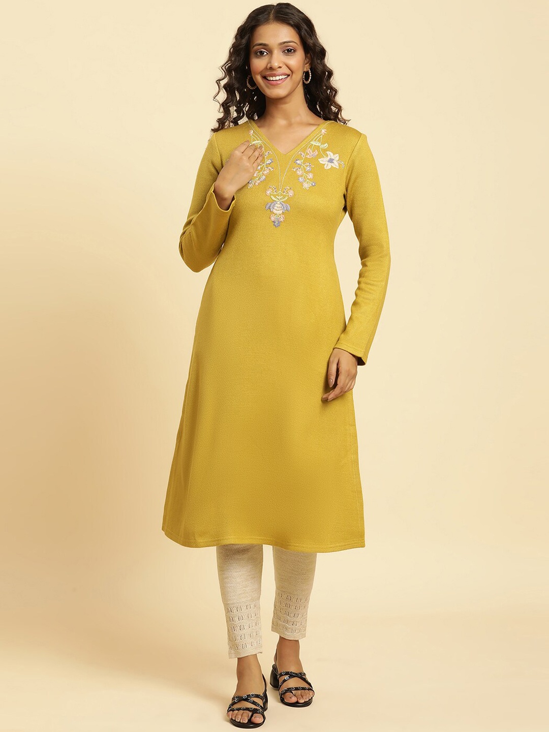 

W Floral Embroidered V-Neck Regular Thread Work Kurta With Trousers, Yellow