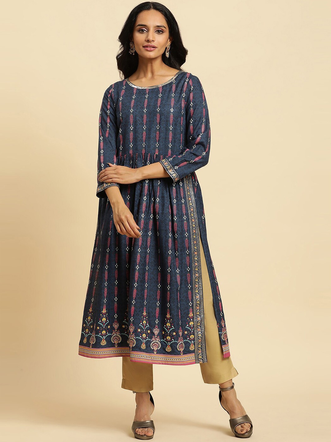 

W Ethnic Motifs Printed Sequinned A-Line Kurta, Blue