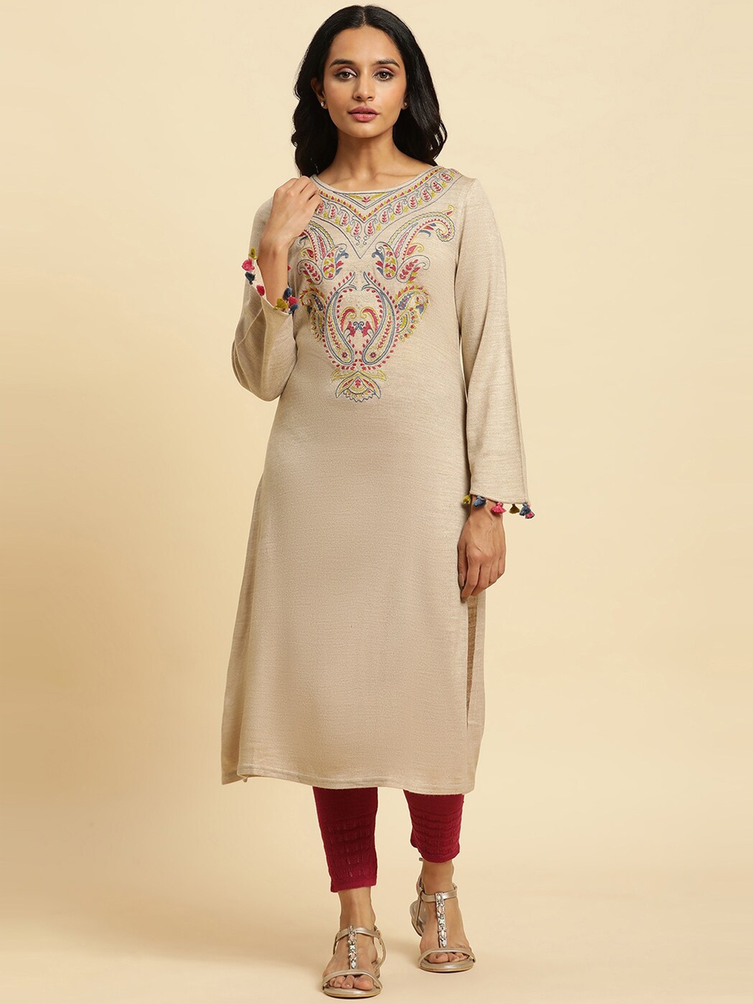 

W Paisley Embroidered Round Neck Regular Thread Work Kurta With Trousers, Beige