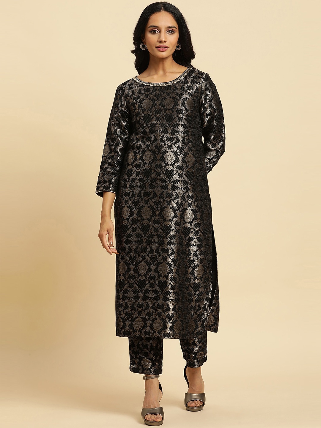 

W Black Ethnic Motifs Woven Design Round Neck Thread Work Straight Kurta