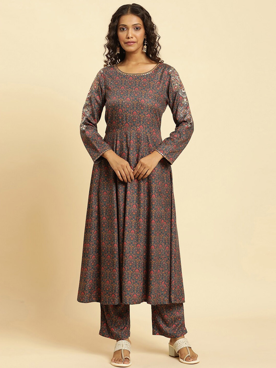 

W Ethnic Motifs Printed Regular Sequinned Kurta with Trousers, Blue