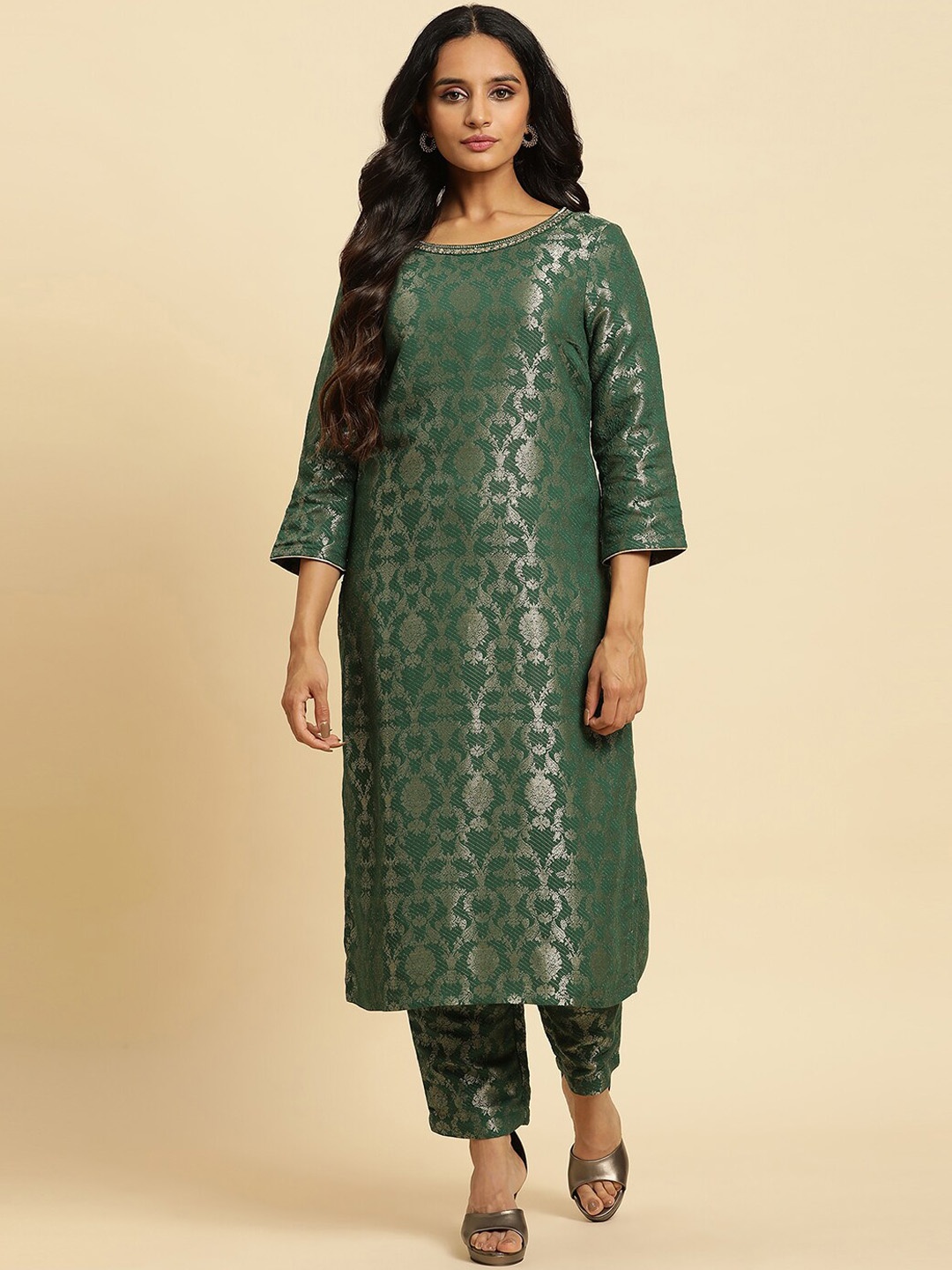 

W Women Floral Woven Designed Straight Kurta, Green