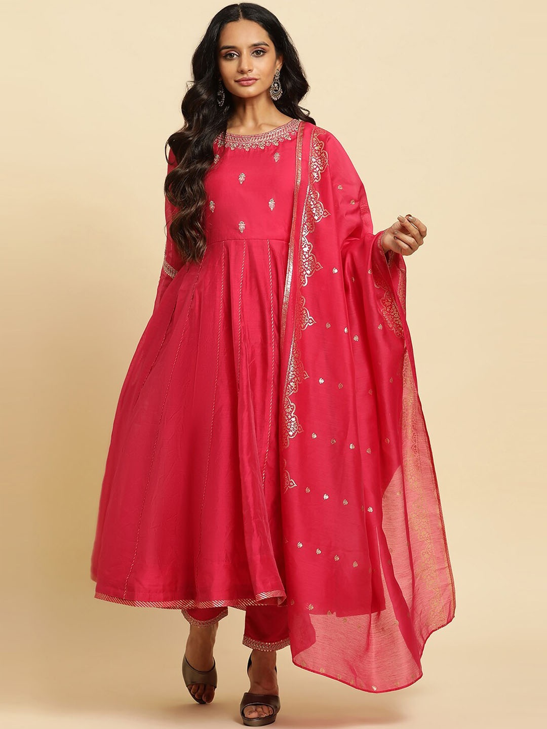 

W Ethnic Motifs Embroidered Regular Kurta With Trousers & Dupatta, Pink