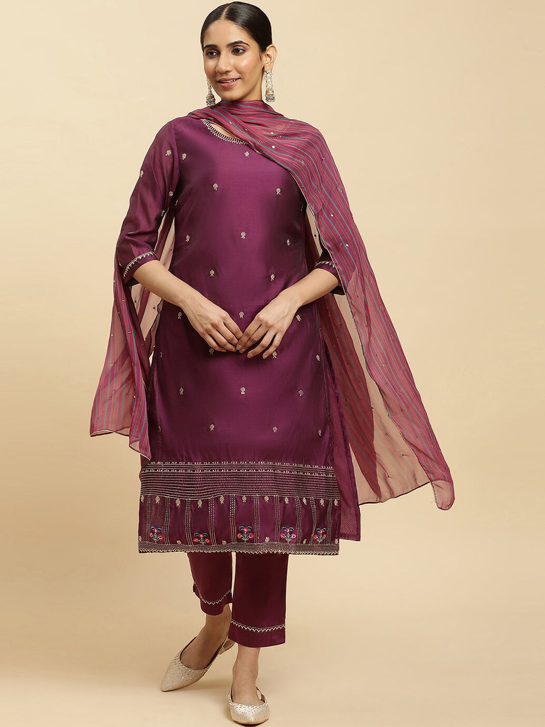 

W Ethnic Motifs Embroidered Zari Kurta With Trousers & Dupatta, Purple