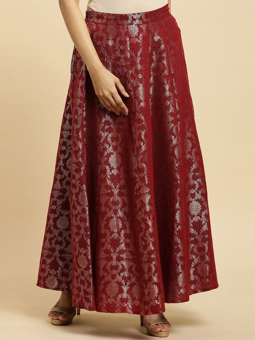 

W Woven Design Zari Jaquard Flared Maxi Skirt, Red