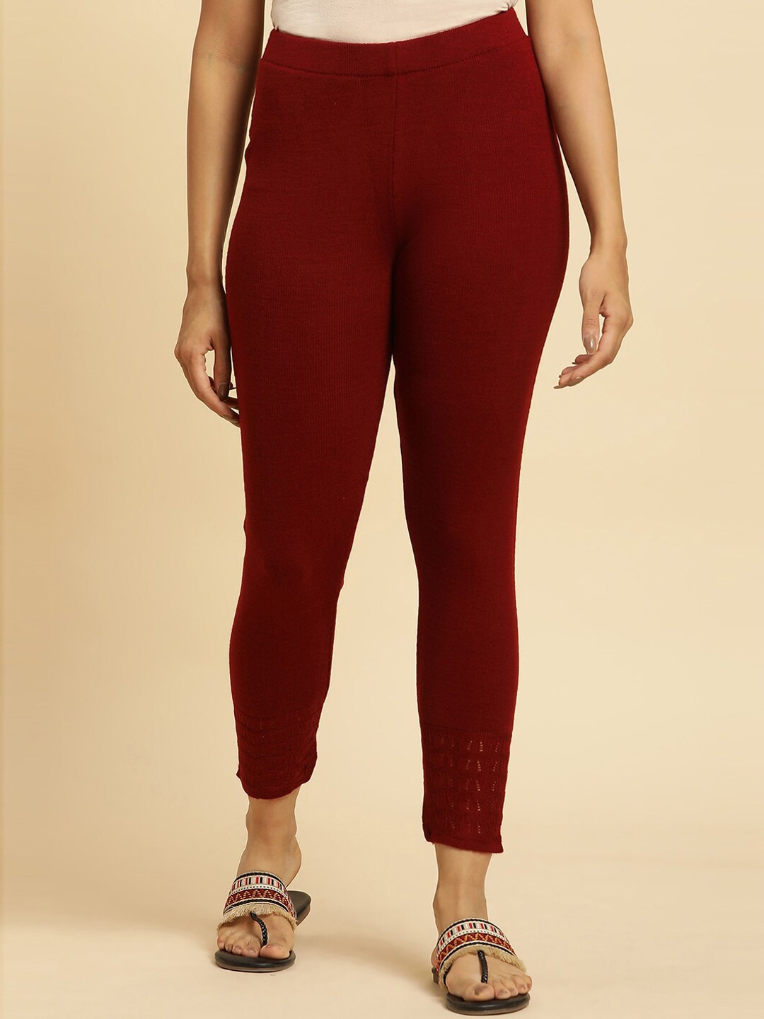 

W Ankle Length Acrylic Leggings, Red