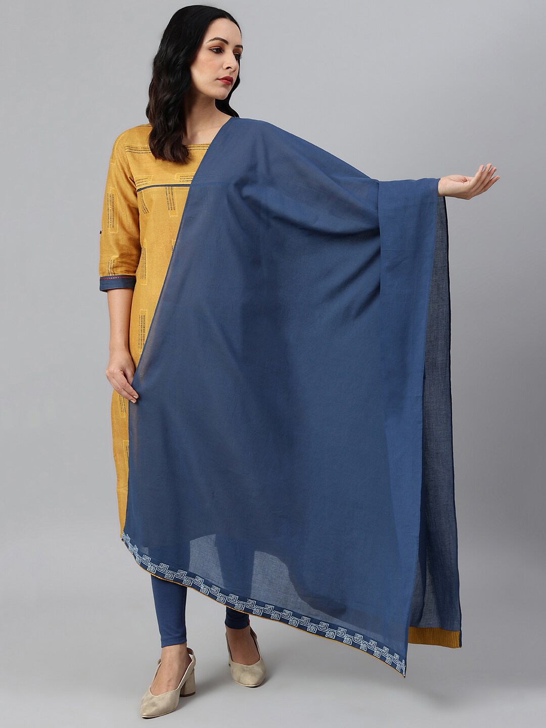 

W Blue & Mustard Thread Work Pure Cotton Dupatta