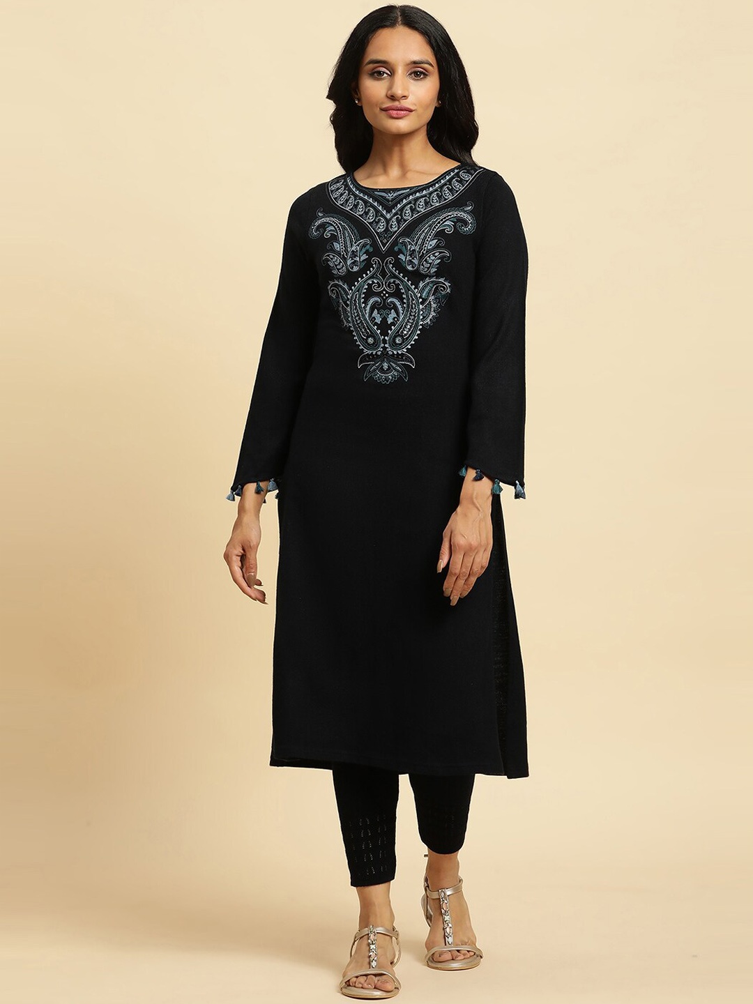 

W Blue Ethnic Motifs Yoke Design Regular Kurta