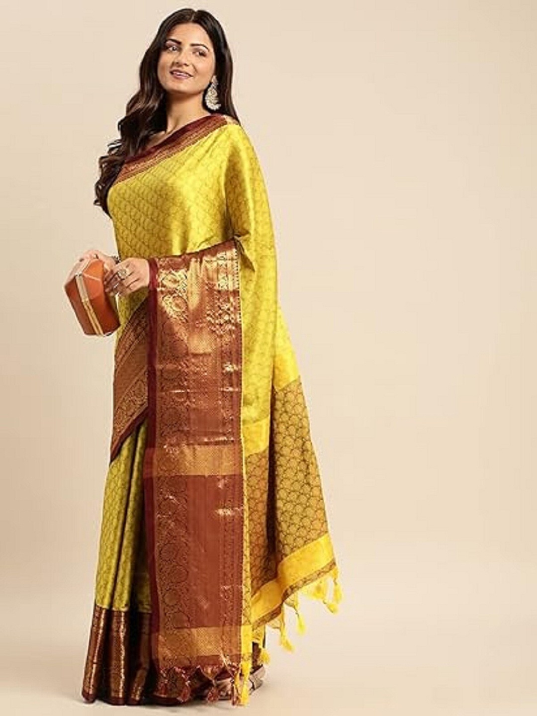 

APNISHA Yellow & Maroon Ethnic Motifs Zari Silk Cotton Banarasi Saree