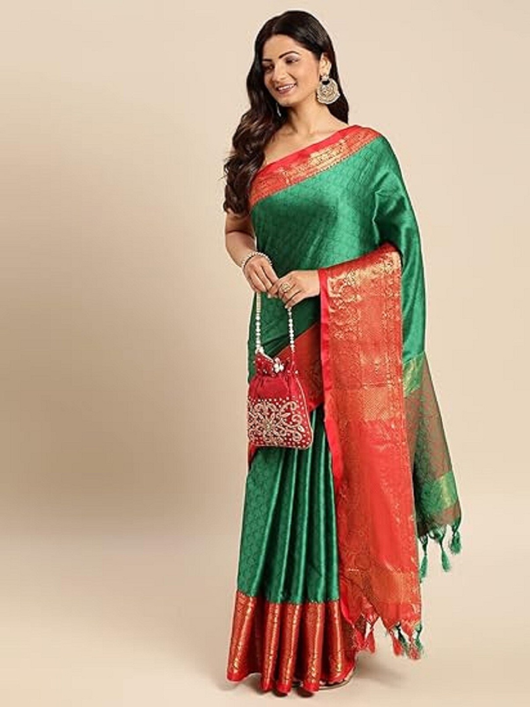

APNISHA Ethnic Motifs Woven Design Zari Pure Silk Banarasi Saree, Red