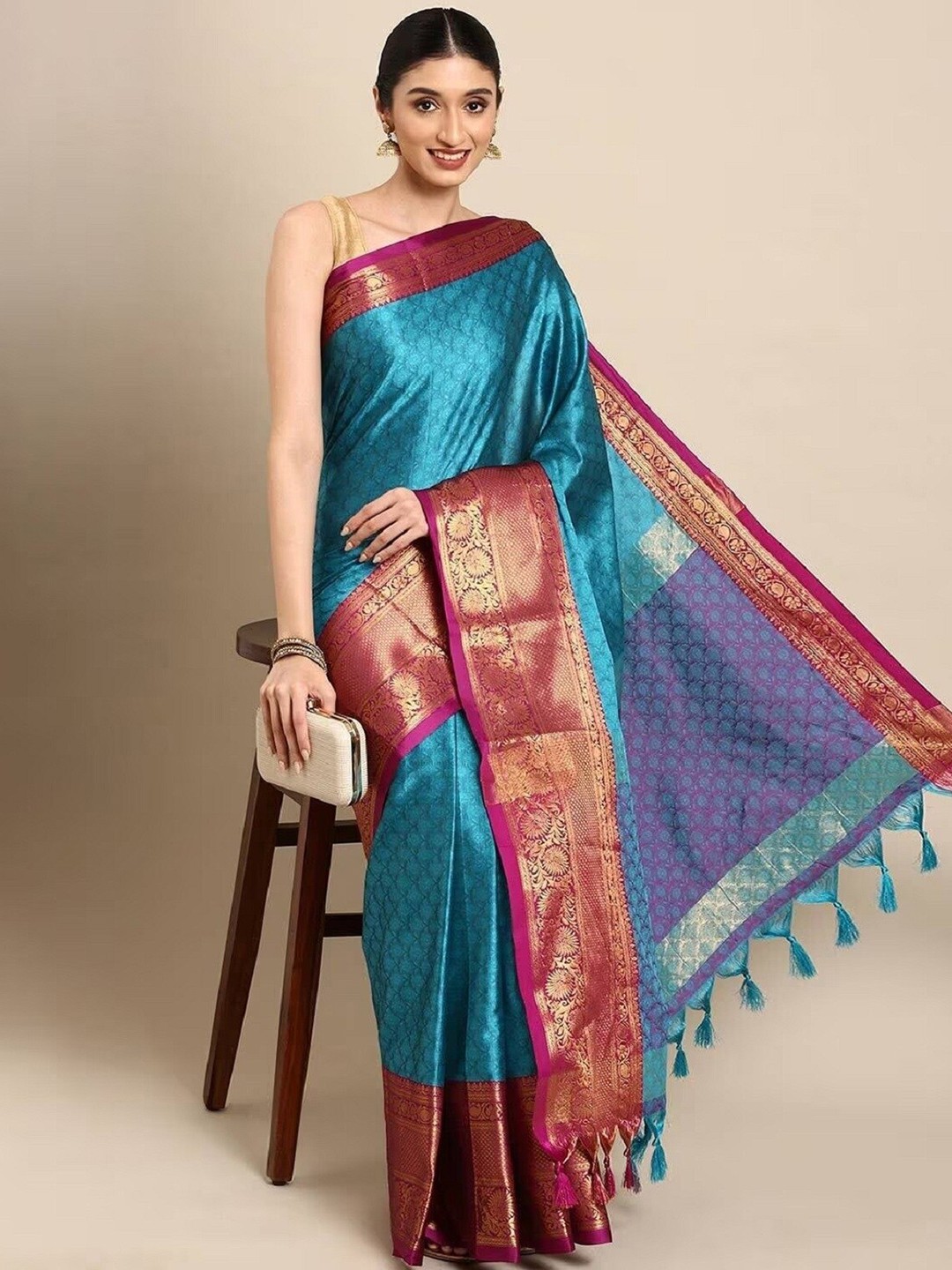 

APNISHA Turquoise Ethni Woven Design Zari Silk Cotton Banarasi Saree, Turquoise blue