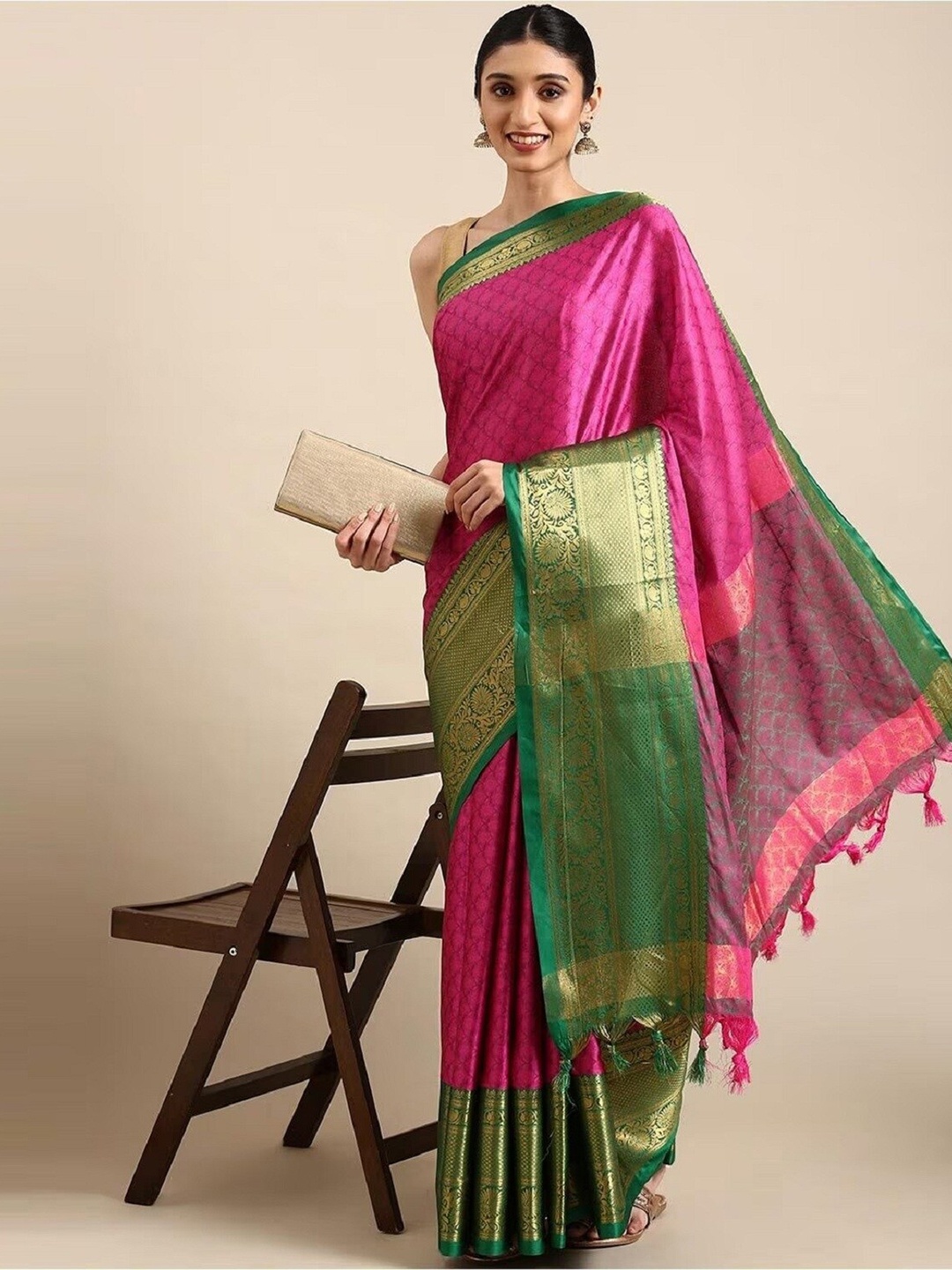 

APNISHA Ethnic Motifs Woven Design Zari Pure Silk Banarasi Saree, Green
