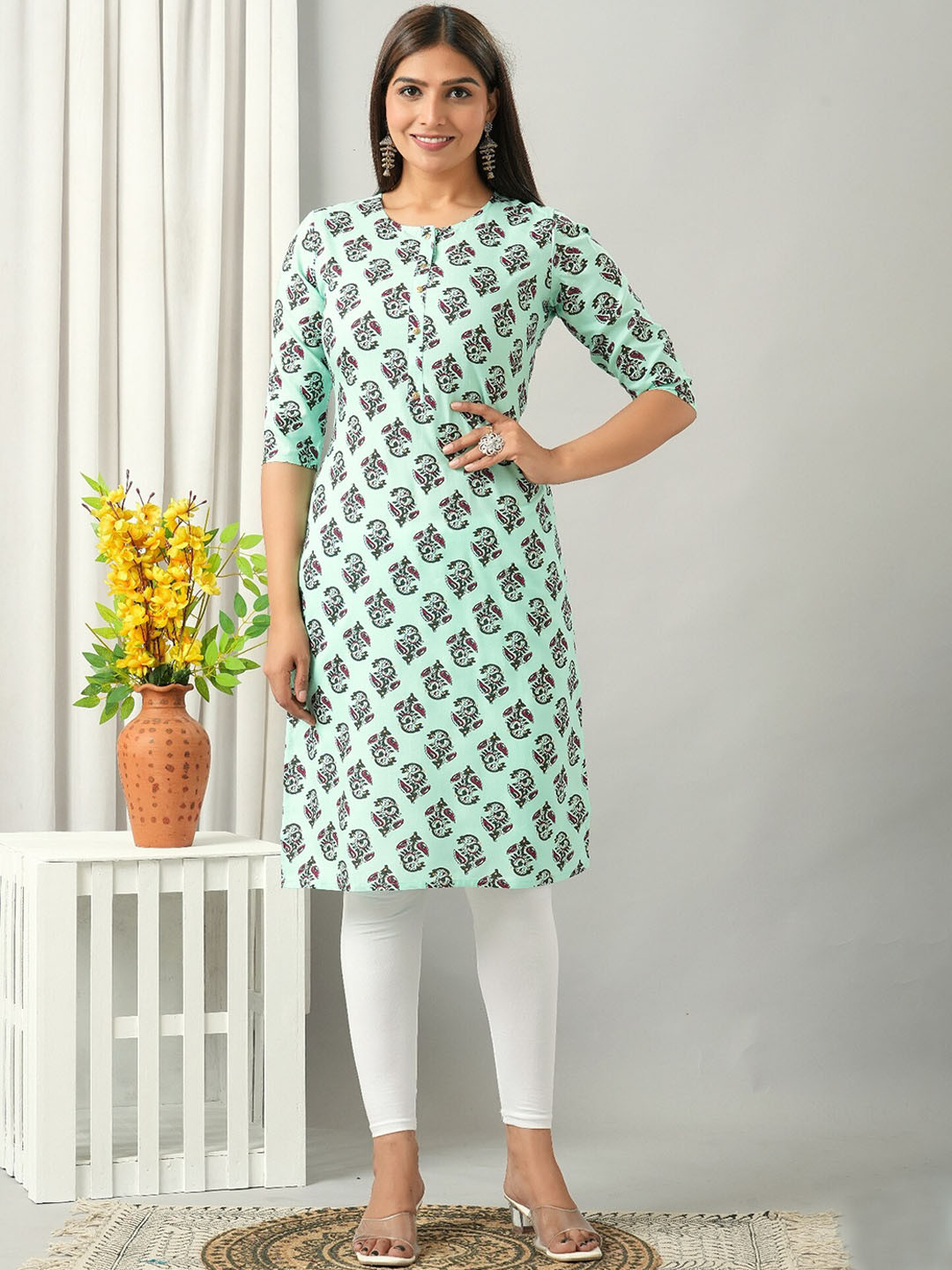 

HERE&NOW Ethnic Motifs Printed Kurta, Sea green