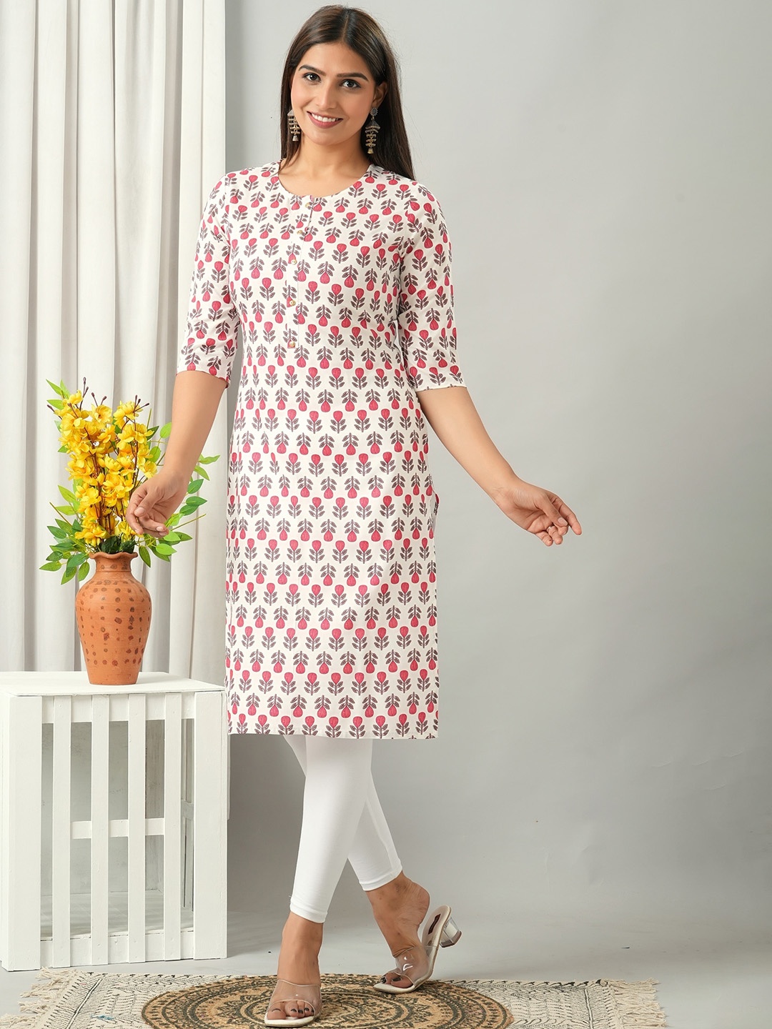 

HERE&NOW Floral Printed Round Neck Liva Straight Kurta, White