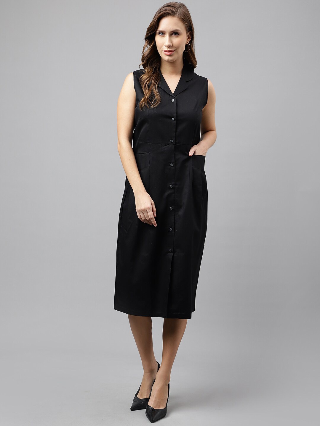 

Hancock Lapel Collar Sleeveless Pure Cotton Pleated Shirt Midi Dress, Black