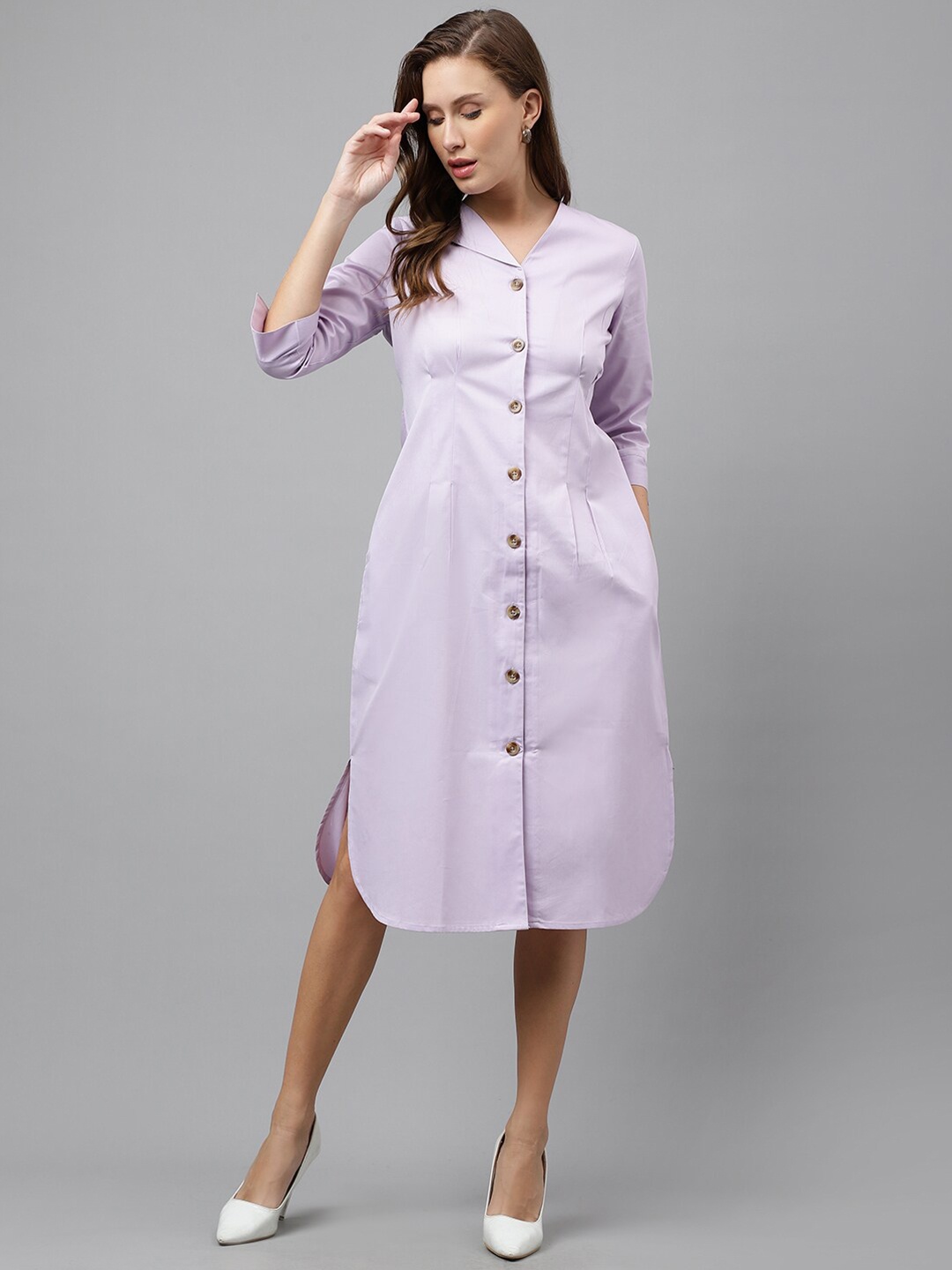 

Hancock Lapel Collar Pure Cotton Slit Shirt Midi Dress, Lavender