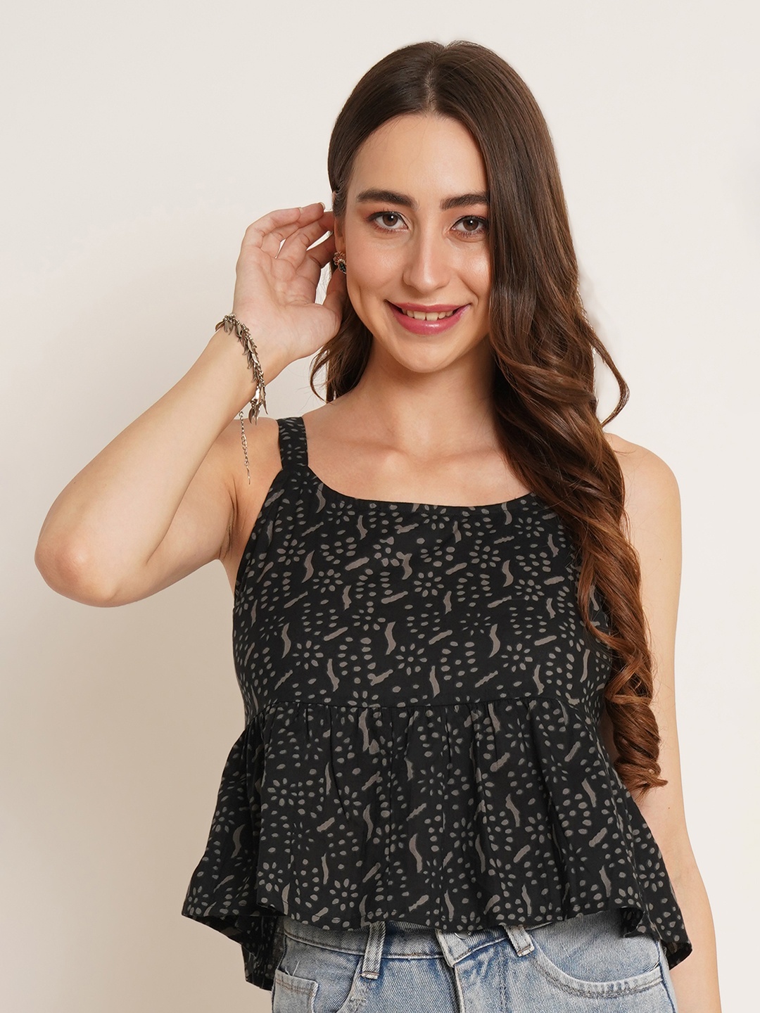 

COTLAND FASHION Printed Cotton Peplum Top, Black