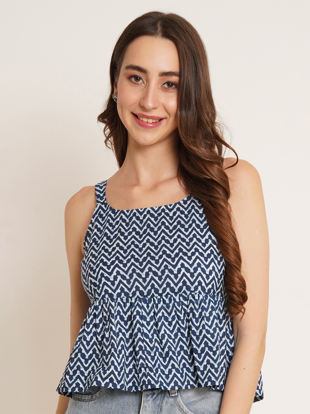 

COTLAND FASHION Geometric Printed Cotton Peplum Top, Navy blue