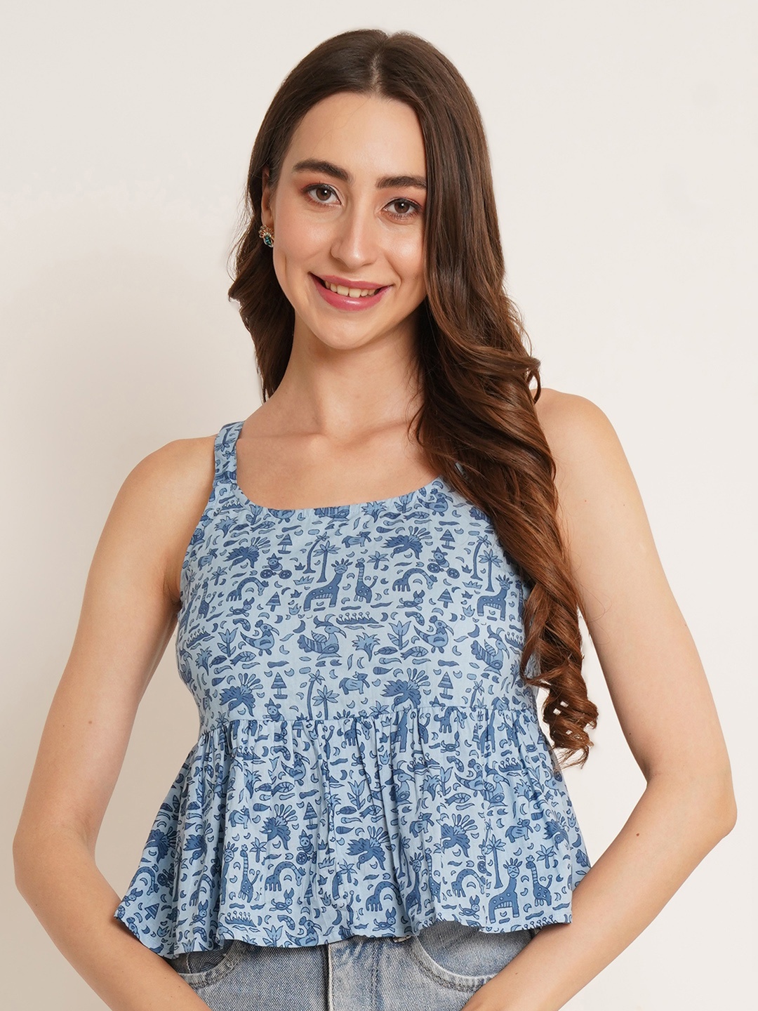 

COTLAND FASHION Floral Printed Pure Cotton Peplum Top, Blue