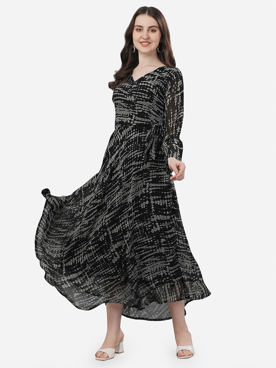 

Fashion2wear Abstract Printed Tie-up Detailed V-Neck Puff Sleeves Fit & Flare Dress, Black