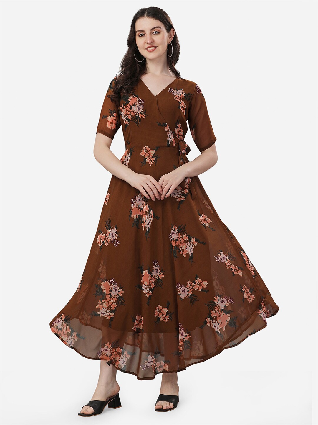 

Fashion2wear Floral Printed Tie-Up Detailed Fit & Flare Maxi Dress, Brown