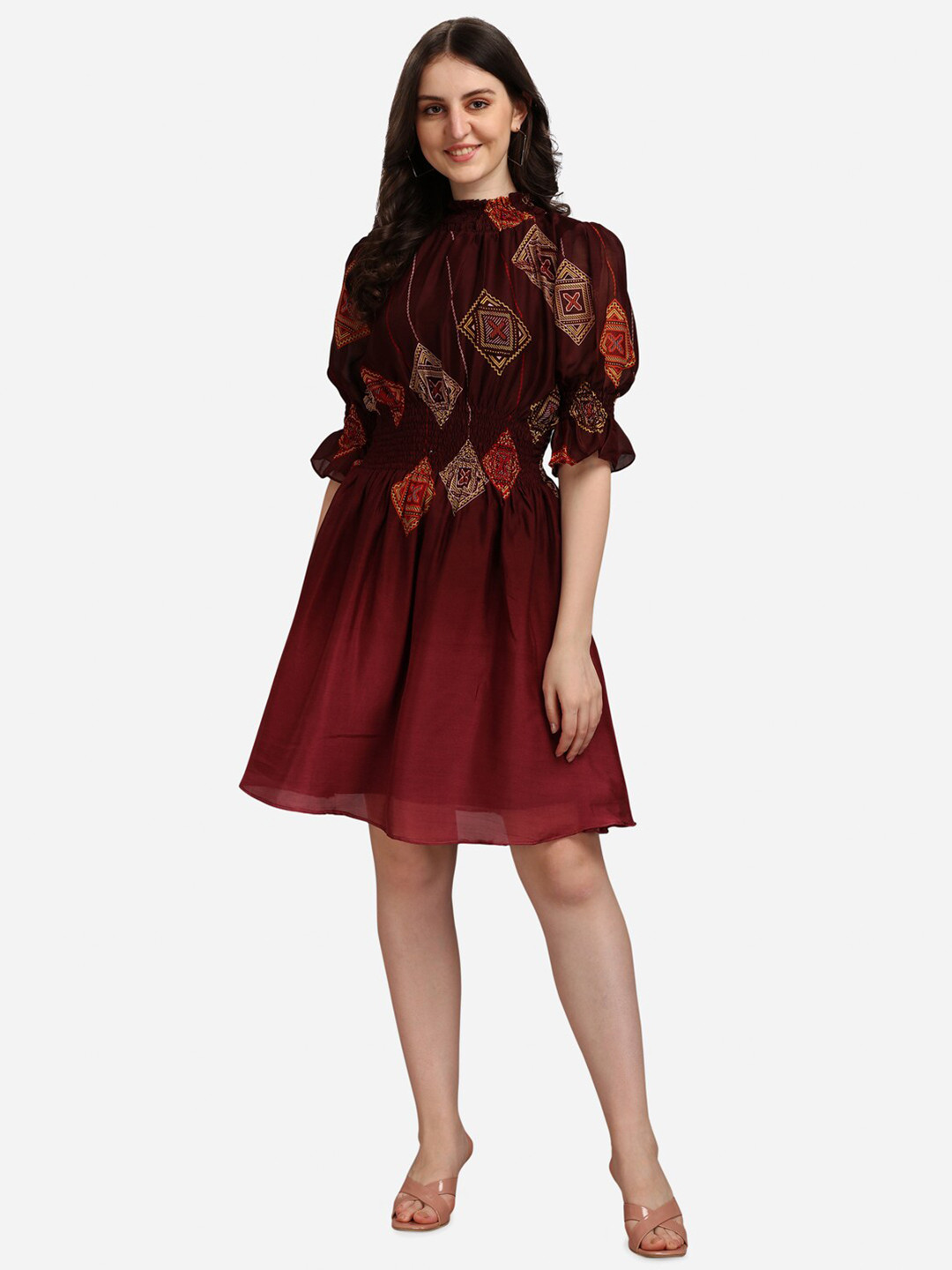 

Fashion2wear Geometric Printed Puff Sleeves Fit & Flare Above Knee Length Dress, Maroon