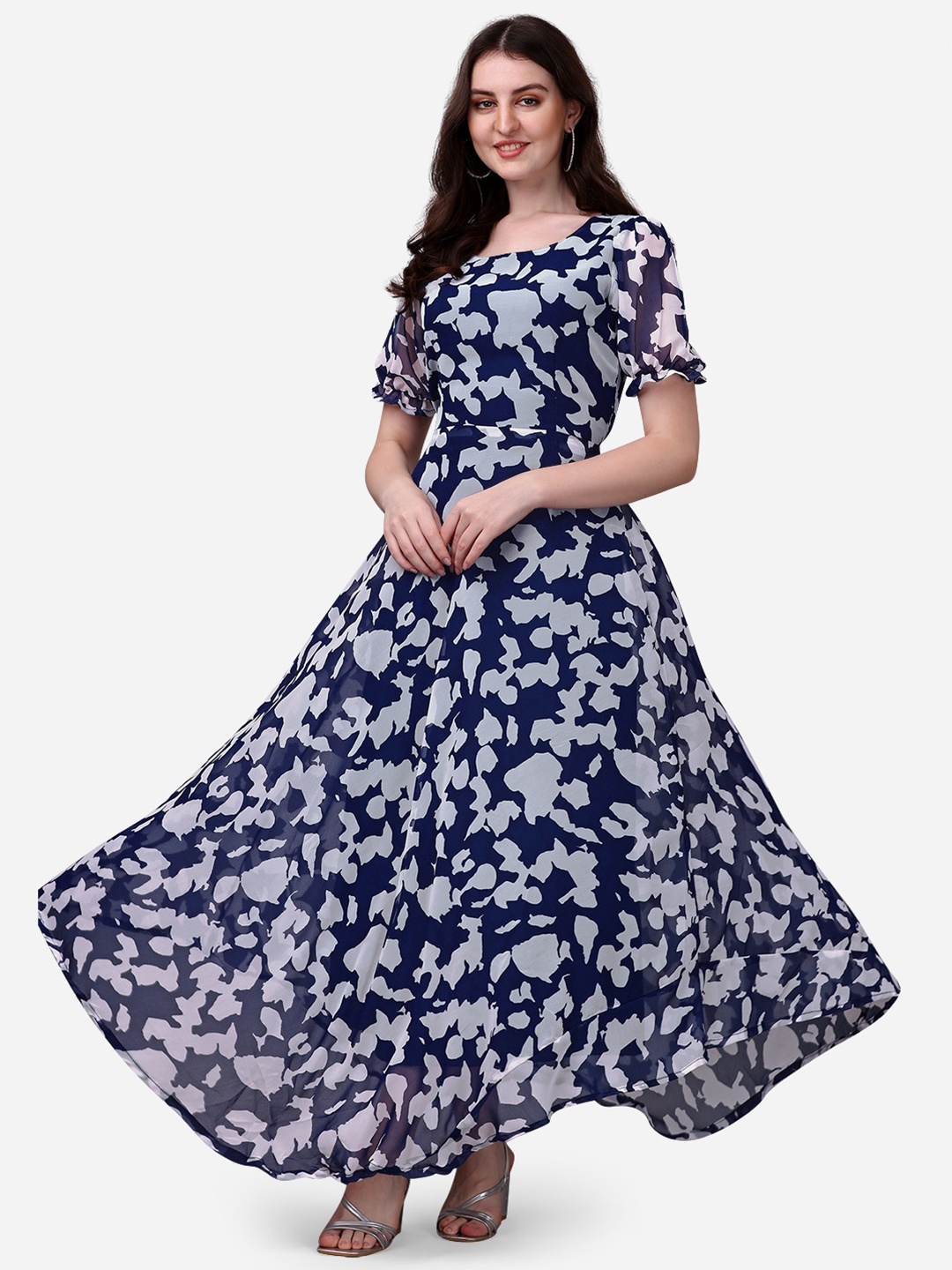 

Fashion2wear Abstract Printed Puff Sleeves Maxi Dress, Blue