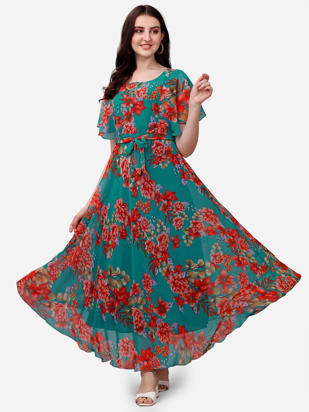 

Fashion2wear Floral Printed Flared Sleeve Fit & Flare Maxi Dress, Green